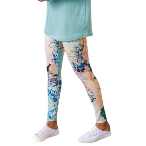 SOFT SURRONDINGS womens leggings Blue Floral Superslim Myriad High Rise Knit EUC - Picture 3 of 10